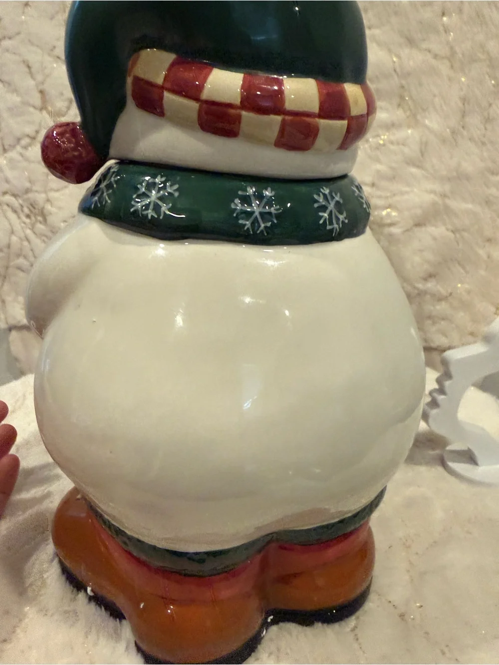 Holiday Snowman Ceramic Figurine with Green Scarf and Red Mittens